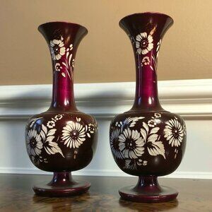 Pair lustre mahogany-tone wood vases with carved florals